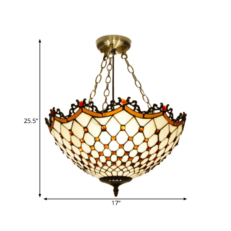 Bowl Semi Mount Lighting 3 Lights White/Blue Glass Baroque Ceiling Lamp for Living Room Clearhalo 'Ceiling Lights' 'Close To Ceiling Lights' 'Close to ceiling' 'Glass shade' 'Glass' 'Semi-flushmount' 'Tiffany close to ceiling' 'Tiffany' Lighting' 317984