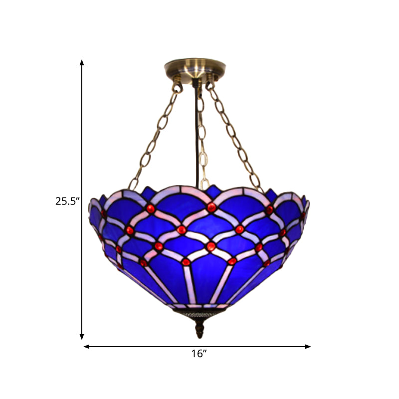 Bowl Semi Mount Lighting 3 Lights White/Blue Glass Baroque Ceiling Lamp for Living Room Clearhalo 'Ceiling Lights' 'Close To Ceiling Lights' 'Close to ceiling' 'Glass shade' 'Glass' 'Semi-flushmount' 'Tiffany close to ceiling' 'Tiffany' Lighting' 317986