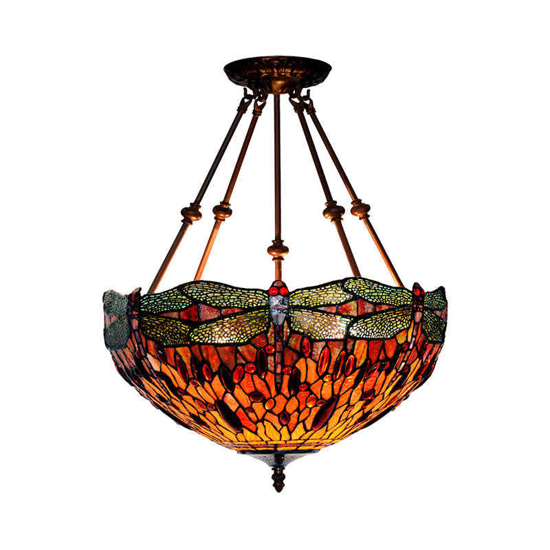 Dragonfly Red/Orange Cut Glass Semi Flush Mount Tiffany Style 2 Lights Bronze Ceiling Fixture for Living Room Orange Clearhalo 'Ceiling Lights' 'Close To Ceiling Lights' 'Close to ceiling' 'Glass shade' 'Glass' 'Semi-flushmount' 'Tiffany close to ceiling' 'Tiffany' Lighting' 317992