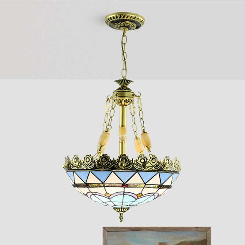 3/4 Lights Chandelier Mediterranean Domed Stained Glass Hanging Light Kit in Yellow/Blue for Kitchen, 12