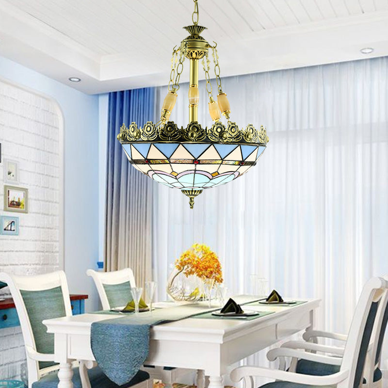 3/4 Lights Chandelier Mediterranean Domed Stained Glass Hanging Light Kit in Yellow/Blue for Kitchen, 12