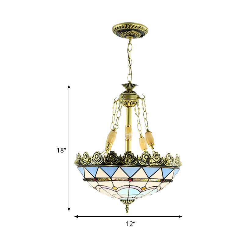 3/4 Lights Chandelier Mediterranean Domed Stained Glass Hanging Light Kit in Yellow/Blue for Kitchen, 12