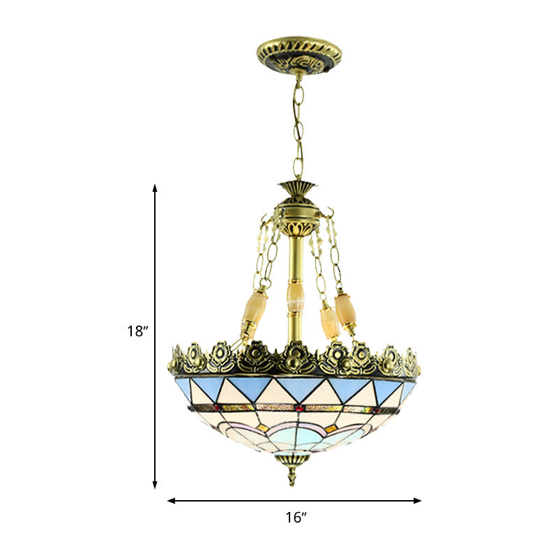 3/4 Lights Chandelier Mediterranean Domed Stained Glass Hanging Light Kit in Yellow/Blue for Kitchen, 12