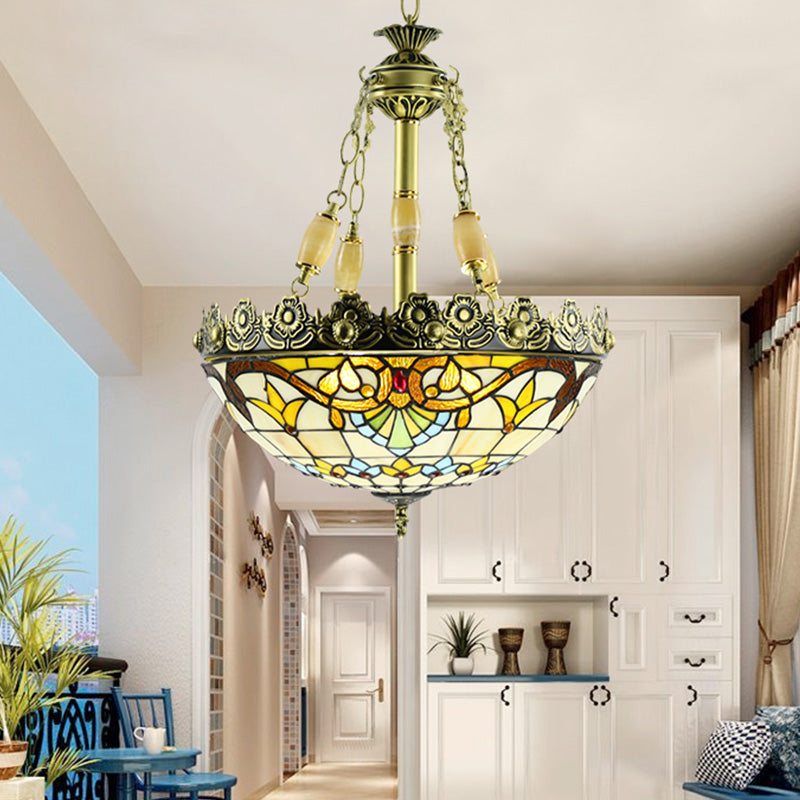 3/4 Lights Chandelier Mediterranean Domed Stained Glass Hanging Light Kit in Yellow/Blue for Kitchen, 12