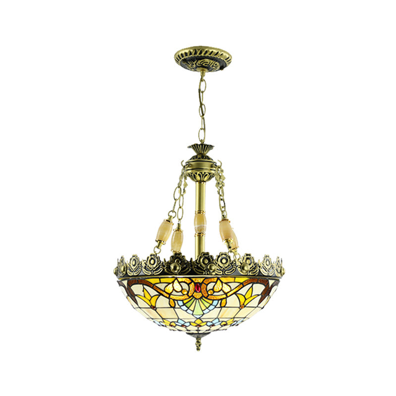 3/4 Lights Chandelier Mediterranean Domed Stained Glass Hanging Light Kit in Yellow/Blue for Kitchen, 12