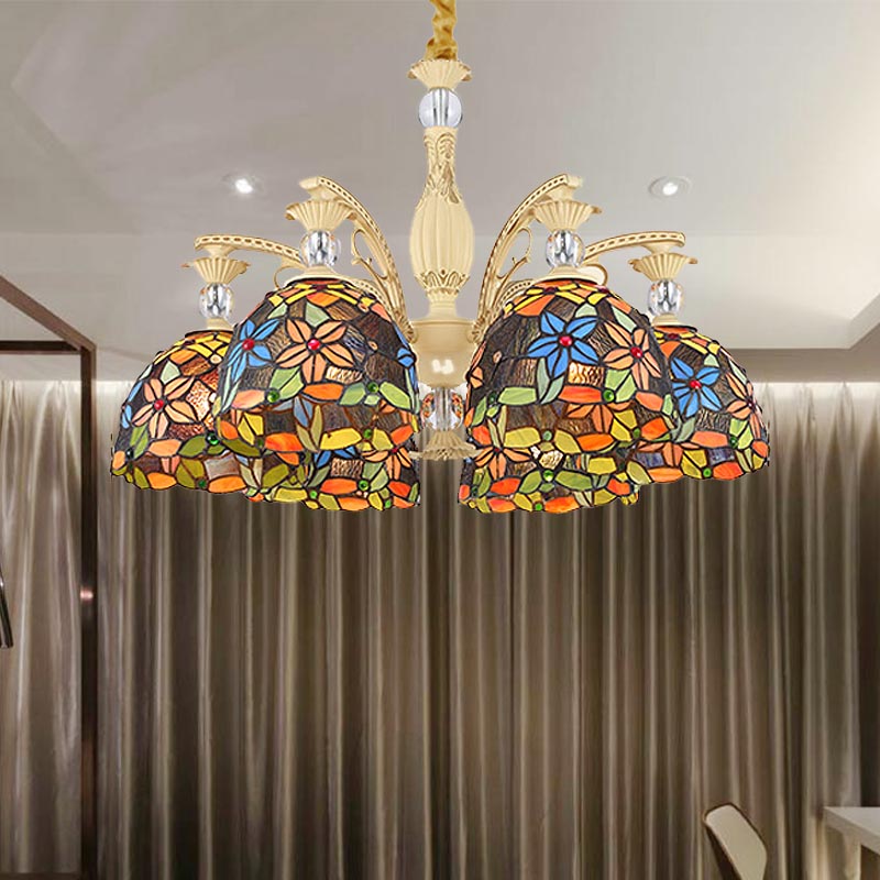 Mediterranean Floral Chandelier Lighting 6/9/11 Lights Stained Art Glass Pendant Light Kit in Orange 6 Orange Clearhalo 'Ceiling Lights' 'Chandeliers' 'Industrial' 'Middle Century Chandeliers' 'Tiffany Chandeliers' 'Tiffany close to ceiling' 'Tiffany' Lighting' 318418