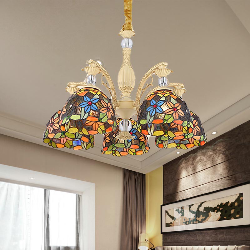 Mediterranean Floral Chandelier Lighting 6/9/11 Lights Stained Art Glass Pendant Light Kit in Orange 5 Orange Clearhalo 'Ceiling Lights' 'Chandeliers' 'Industrial' 'Middle Century Chandeliers' 'Tiffany Chandeliers' 'Tiffany close to ceiling' 'Tiffany' Lighting' 318422