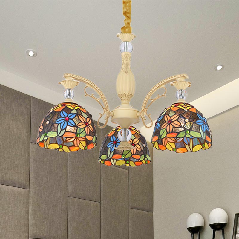 Mediterranean Floral Chandelier Lighting 6/9/11 Lights Stained Art Glass Pendant Light Kit in Orange 3 Orange Clearhalo 'Ceiling Lights' 'Chandeliers' 'Industrial' 'Middle Century Chandeliers' 'Tiffany Chandeliers' 'Tiffany close to ceiling' 'Tiffany' Lighting' 318426