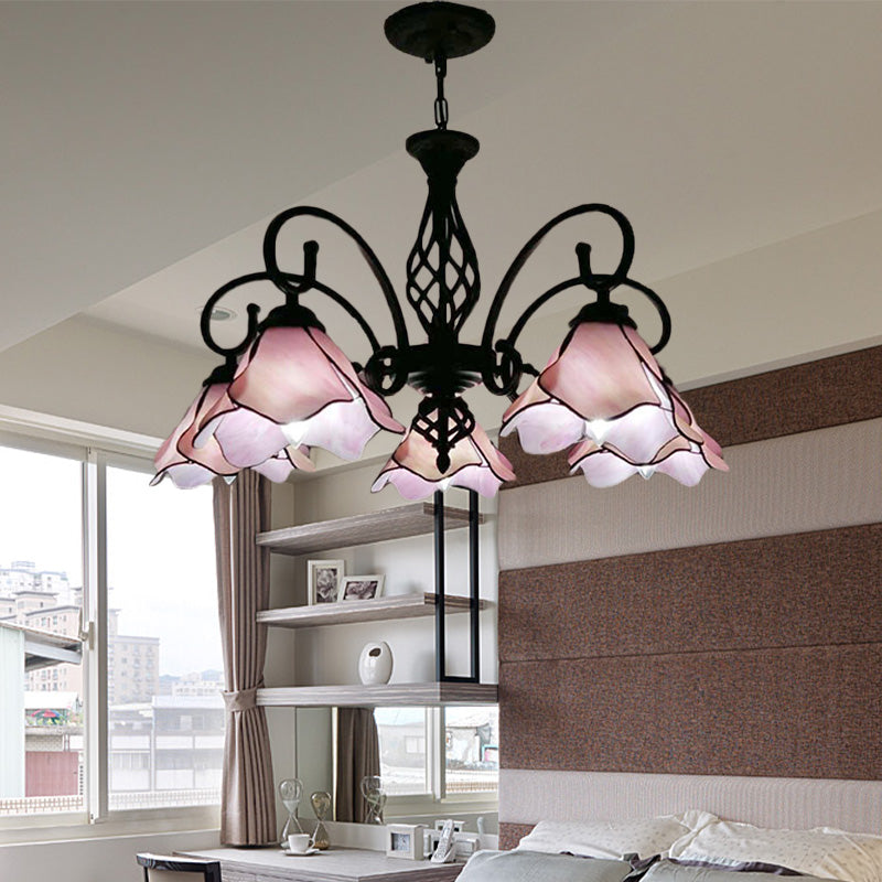 Petal Chandelier Lighting Fixture Tiffany Pink/Blue Glass 5/8 Lights Black Ceiling Pendant Light for Bedroom 5 Pink Clearhalo 'Ceiling Lights' 'Chandeliers' 'Industrial' 'Middle Century Chandeliers' 'Tiffany Chandeliers' 'Tiffany close to ceiling' 'Tiffany' Lighting' 318430