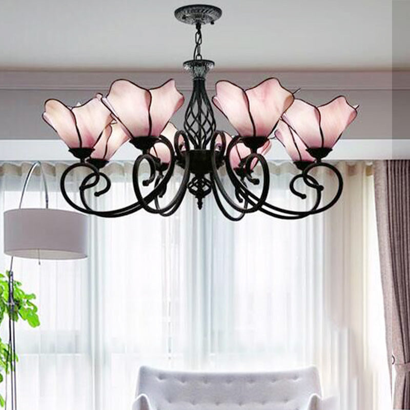 Petal Chandelier Lighting Fixture Tiffany Pink/Blue Glass 5/8 Lights Black Ceiling Pendant Light for Bedroom 8 Pink Clearhalo 'Ceiling Lights' 'Chandeliers' 'Industrial' 'Middle Century Chandeliers' 'Tiffany Chandeliers' 'Tiffany close to ceiling' 'Tiffany' Lighting' 318435