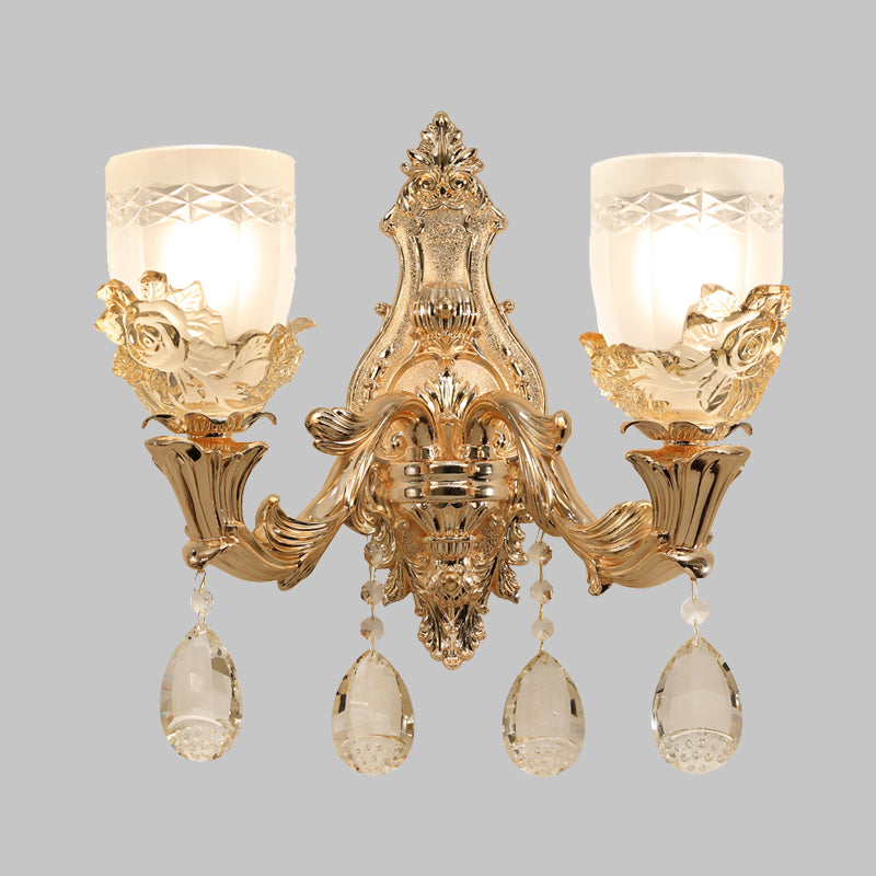 White Glass Bowl Wall Mounted Lamp Vintage 1/2 Heads Living Room LED Sconce Light Fixture in Gold with Crystal Draping Clearhalo 'Wall Lamps & Sconces' 'Wall Lights' Lighting' 324439