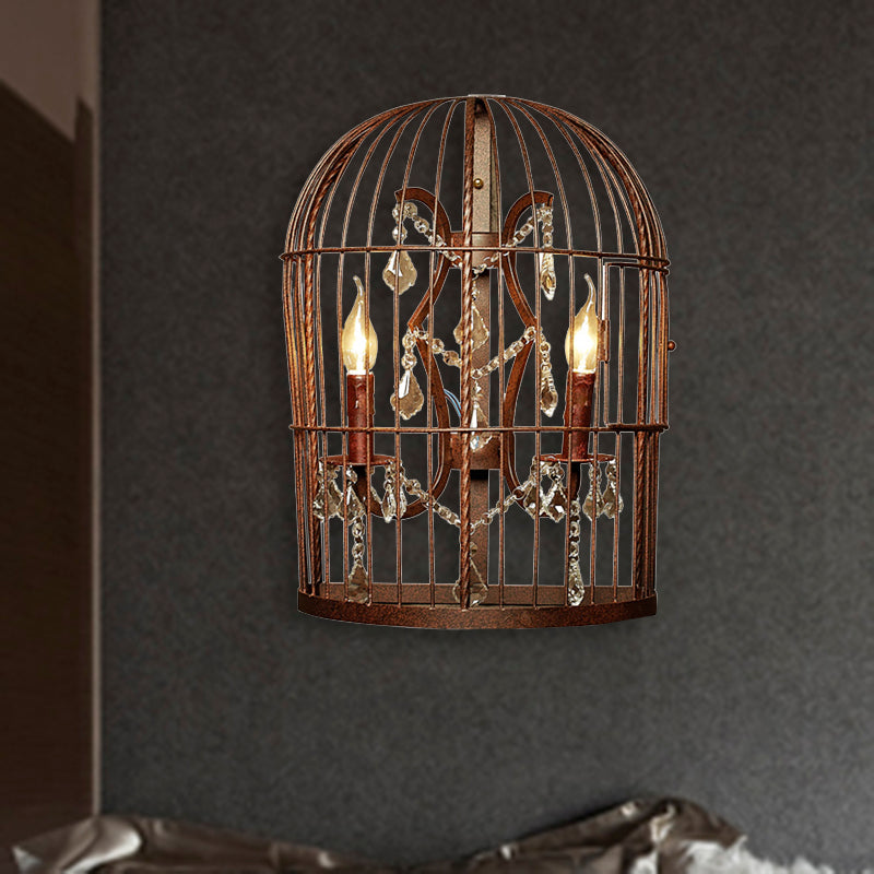 Industrial Birdcage Wall Mount Lamp 2 Lights Metal Wall Sconce Lighting in Rust with Dangling Crystal Clearhalo 'Art deco wall lights' 'Industrial wall lights' 'Industrial' 'Middle century wall lights' 'Tiffany' 'Wall Lamps & Sconces' 'Wall Lights' Lighting' 324544