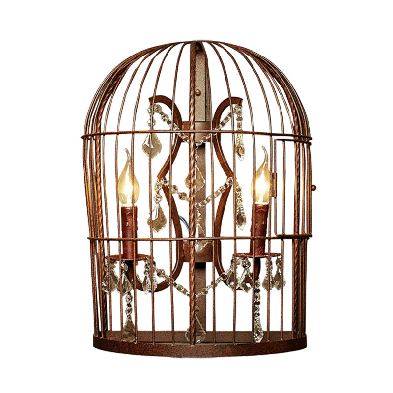 Industrial Birdcage Wall Mount Lamp 2 Lights Metal Wall Sconce Lighting in Rust with Dangling Crystal Clearhalo 'Art deco wall lights' 'Industrial wall lights' 'Industrial' 'Middle century wall lights' 'Tiffany' 'Wall Lamps & Sconces' 'Wall Lights' Lighting' 324545