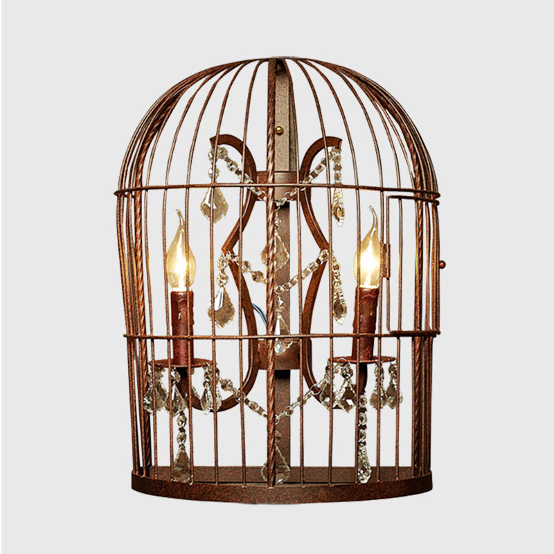 Industrial Birdcage Wall Mount Lamp 2 Lights Metal Wall Sconce Lighting in Rust with Dangling Crystal Clearhalo 'Art deco wall lights' 'Industrial wall lights' 'Industrial' 'Middle century wall lights' 'Tiffany' 'Wall Lamps & Sconces' 'Wall Lights' Lighting' 324546