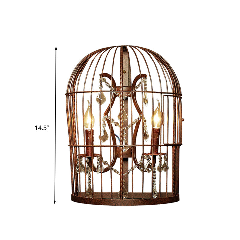 Industrial Birdcage Wall Mount Lamp 2 Lights Metal Wall Sconce Lighting in Rust with Dangling Crystal Clearhalo 'Art deco wall lights' 'Industrial wall lights' 'Industrial' 'Middle century wall lights' 'Tiffany' 'Wall Lamps & Sconces' 'Wall Lights' Lighting' 324547