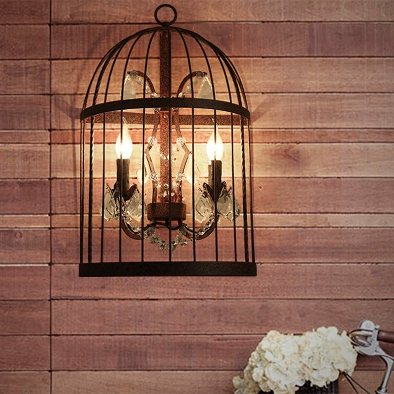 2 Heads Crystal Wall Sconce Industrial Rust Birdcage Living Room Metal Wall Mounted Light Clearhalo 'Art deco wall lights' 'Industrial wall lights' 'Industrial' 'Middle century wall lights' 'Tiffany' 'Wall Lamps & Sconces' 'Wall Lights' Lighting' 324549