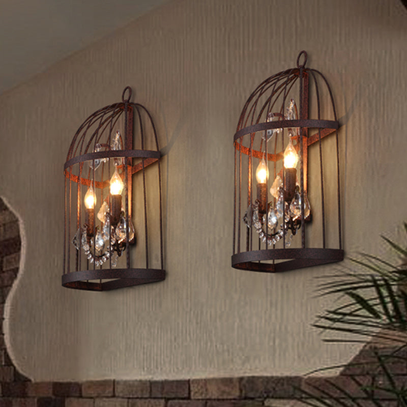 2 Heads Crystal Wall Sconce Industrial Rust Birdcage Living Room Metal Wall Mounted Light Clearhalo 'Art deco wall lights' 'Industrial wall lights' 'Industrial' 'Middle century wall lights' 'Tiffany' 'Wall Lamps & Sconces' 'Wall Lights' Lighting' 324550