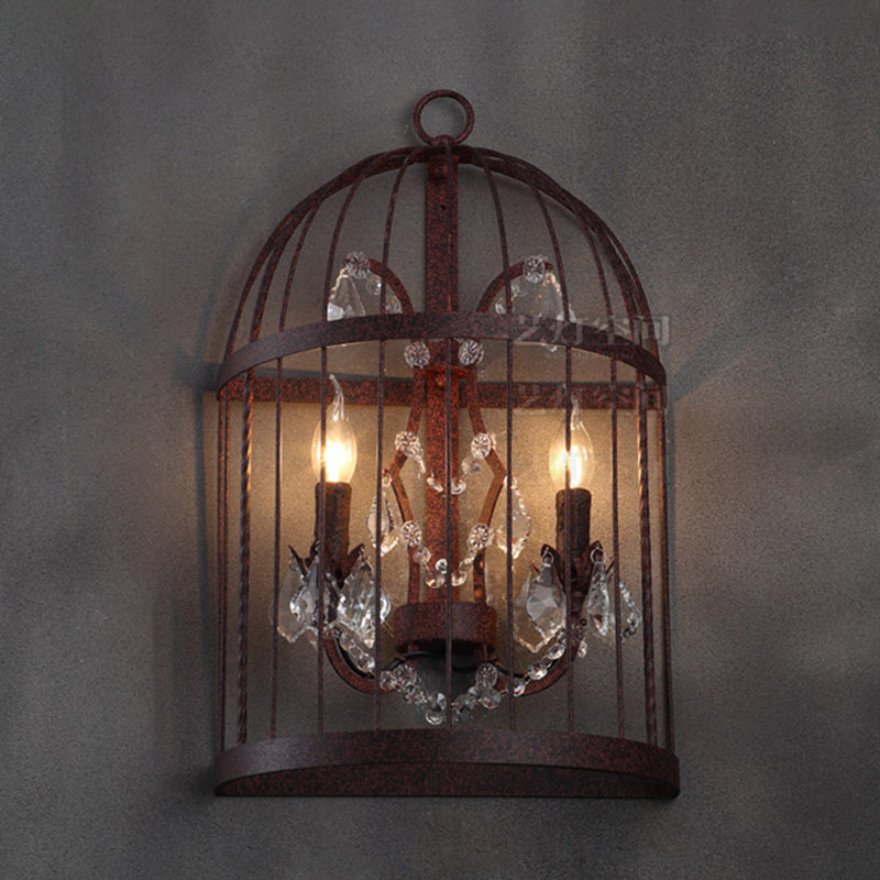 2 Heads Crystal Wall Sconce Industrial Rust Birdcage Living Room Metal Wall Mounted Light Clearhalo 'Art deco wall lights' 'Industrial wall lights' 'Industrial' 'Middle century wall lights' 'Tiffany' 'Wall Lamps & Sconces' 'Wall Lights' Lighting' 324551