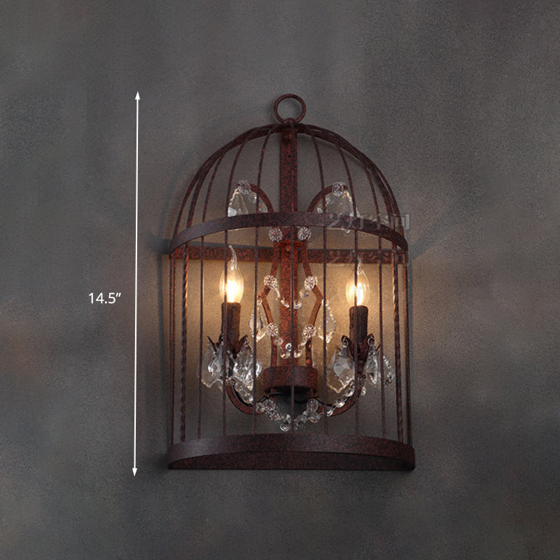 2 Heads Crystal Wall Sconce Industrial Rust Birdcage Living Room Metal Wall Mounted Light Clearhalo 'Art deco wall lights' 'Industrial wall lights' 'Industrial' 'Middle century wall lights' 'Tiffany' 'Wall Lamps & Sconces' 'Wall Lights' Lighting' 324552