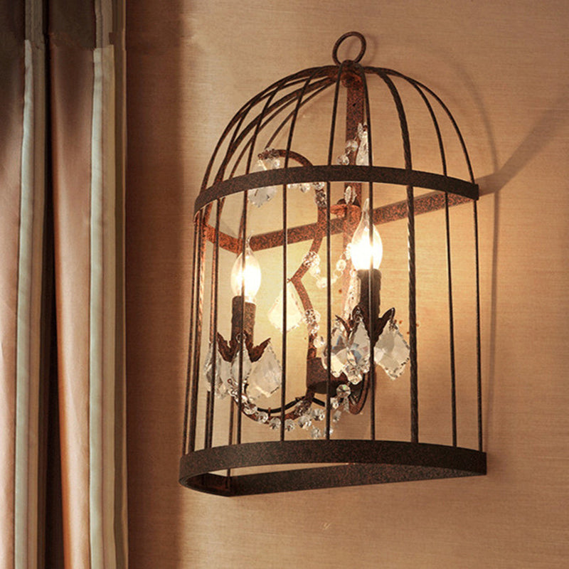 Birdcage Living Room Wall Sconce Industrial Clear Crystal Glass 2 Heads Rust Wall Lighting Fixture Clearhalo 'Art deco wall lights' 'Industrial wall lights' 'Industrial' 'Middle century wall lights' 'Tiffany' 'Wall Lamps & Sconces' 'Wall Lights' Lighting' 324554