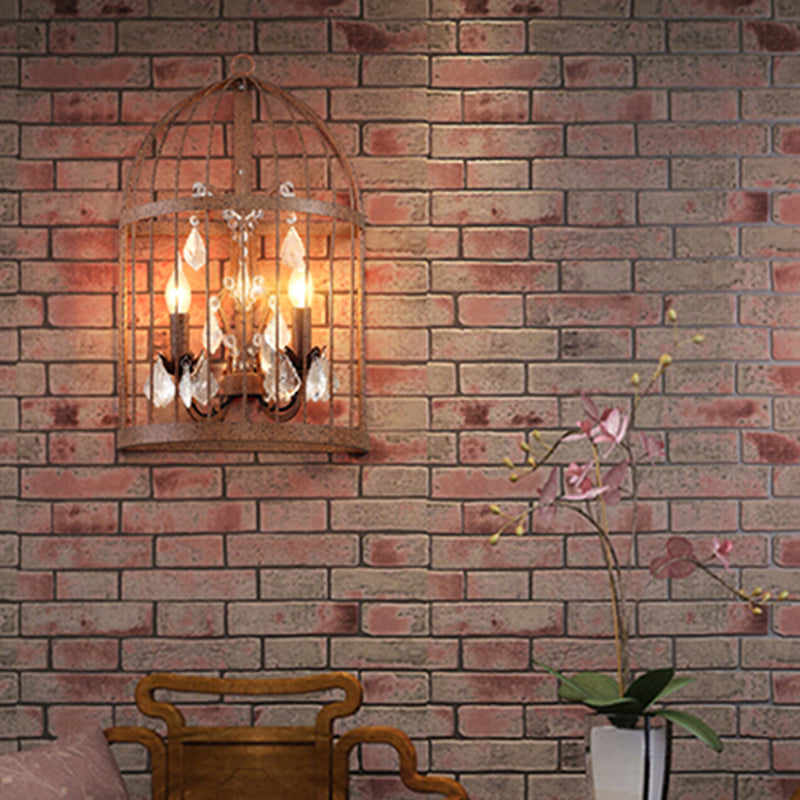 Birdcage Living Room Wall Sconce Industrial Clear Crystal Glass 2 Heads Rust Wall Lighting Fixture Clearhalo 'Art deco wall lights' 'Industrial wall lights' 'Industrial' 'Middle century wall lights' 'Tiffany' 'Wall Lamps & Sconces' 'Wall Lights' Lighting' 324555