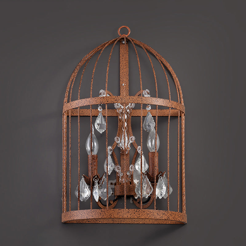 Birdcage Living Room Wall Sconce Industrial Clear Crystal Glass 2 Heads Rust Wall Lighting Fixture Clearhalo 'Art deco wall lights' 'Industrial wall lights' 'Industrial' 'Middle century wall lights' 'Tiffany' 'Wall Lamps & Sconces' 'Wall Lights' Lighting' 324556