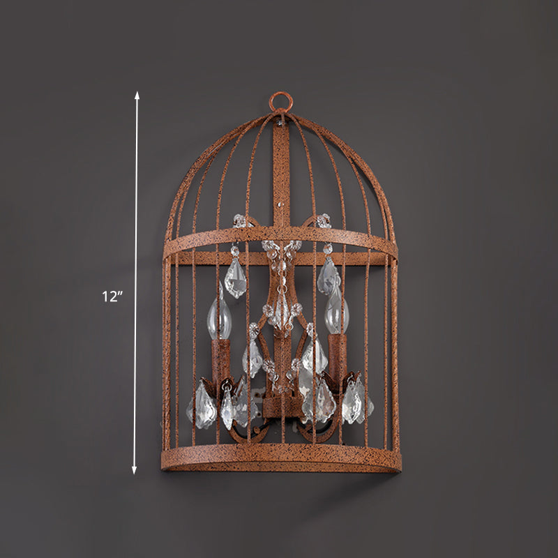 Birdcage Living Room Wall Sconce Industrial Clear Crystal Glass 2 Heads Rust Wall Lighting Fixture Clearhalo 'Art deco wall lights' 'Industrial wall lights' 'Industrial' 'Middle century wall lights' 'Tiffany' 'Wall Lamps & Sconces' 'Wall Lights' Lighting' 324557