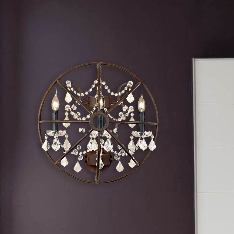 Circular Clear Crystal Sconce Light Industrial 2/3 Bulbs Wall Lighting Fixture in Rust for Living Room Clearhalo 'Art deco wall lights' 'Industrial wall lights' 'Industrial' 'Middle century wall lights' 'Tiffany' 'Wall Lamps & Sconces' 'Wall Lights' Lighting' 324559