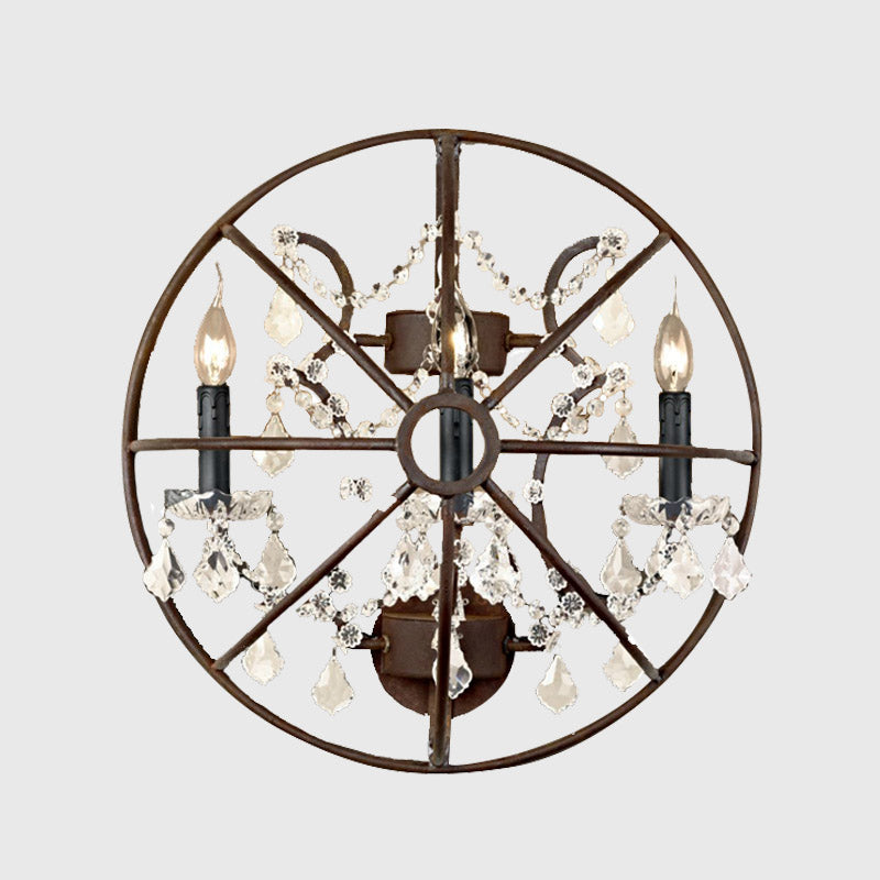 Circular Clear Crystal Sconce Light Industrial 2/3 Bulbs Wall Lighting Fixture in Rust for Living Room Clearhalo 'Art deco wall lights' 'Industrial wall lights' 'Industrial' 'Middle century wall lights' 'Tiffany' 'Wall Lamps & Sconces' 'Wall Lights' Lighting' 324561