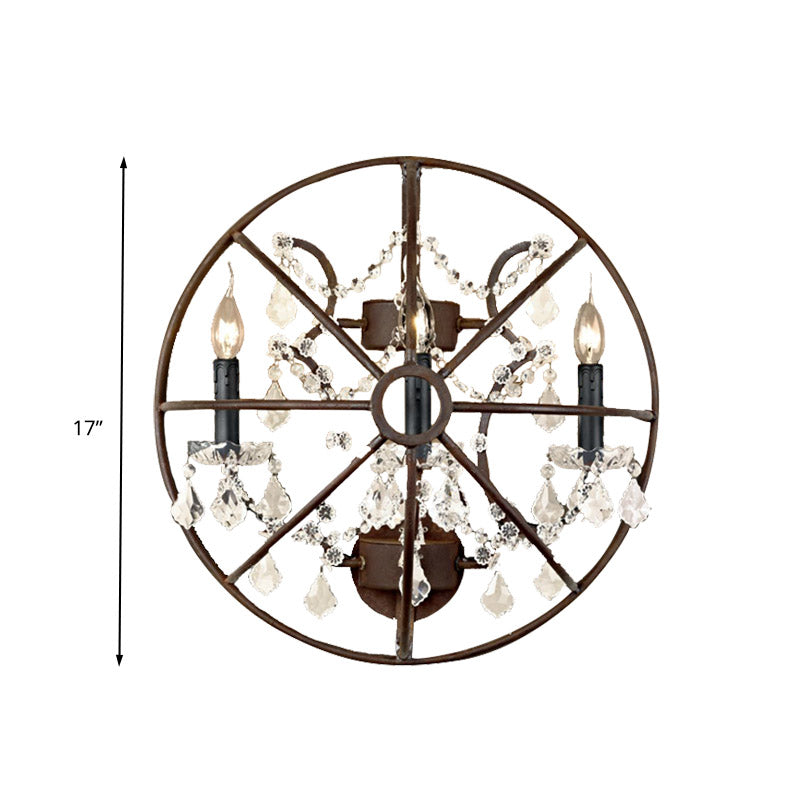 Circular Clear Crystal Sconce Light Industrial 2/3 Bulbs Wall Lighting Fixture in Rust for Living Room Clearhalo 'Art deco wall lights' 'Industrial wall lights' 'Industrial' 'Middle century wall lights' 'Tiffany' 'Wall Lamps & Sconces' 'Wall Lights' Lighting' 324562