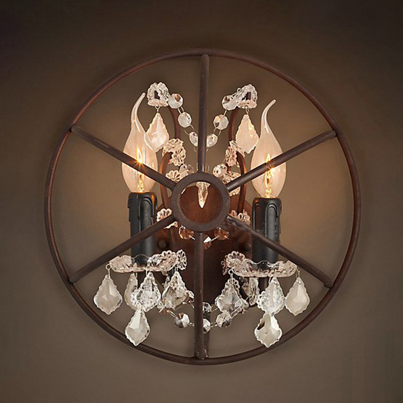 Circular Clear Crystal Sconce Light Industrial 2/3 Bulbs Wall Lighting Fixture in Rust for Living Room 2.0 Rust Clearhalo 'Art deco wall lights' 'Industrial wall lights' 'Industrial' 'Middle century wall lights' 'Tiffany' 'Wall Lamps & Sconces' 'Wall Lights' Lighting' 324563