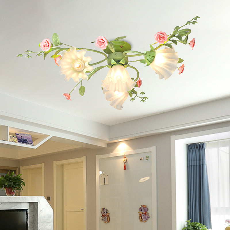 Traditional Flower Ceiling Mount Light Fixture 4 Bulbs Opal Glass Semi Flush Chandelier in Green Green Clearhalo 'Ceiling Lights' 'Close To Ceiling Lights' 'Close to ceiling' 'Glass shade' 'Glass' 'Semi-flushmount' Lighting' 325157