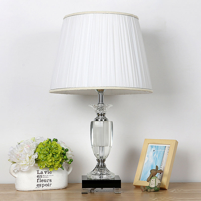 White 1 Light Night Light Traditional Style Fabric Tapered Nightstand Lamp with Crystal Base White Clearhalo 'Lamps' 'Table Lamps' Lighting' 325240