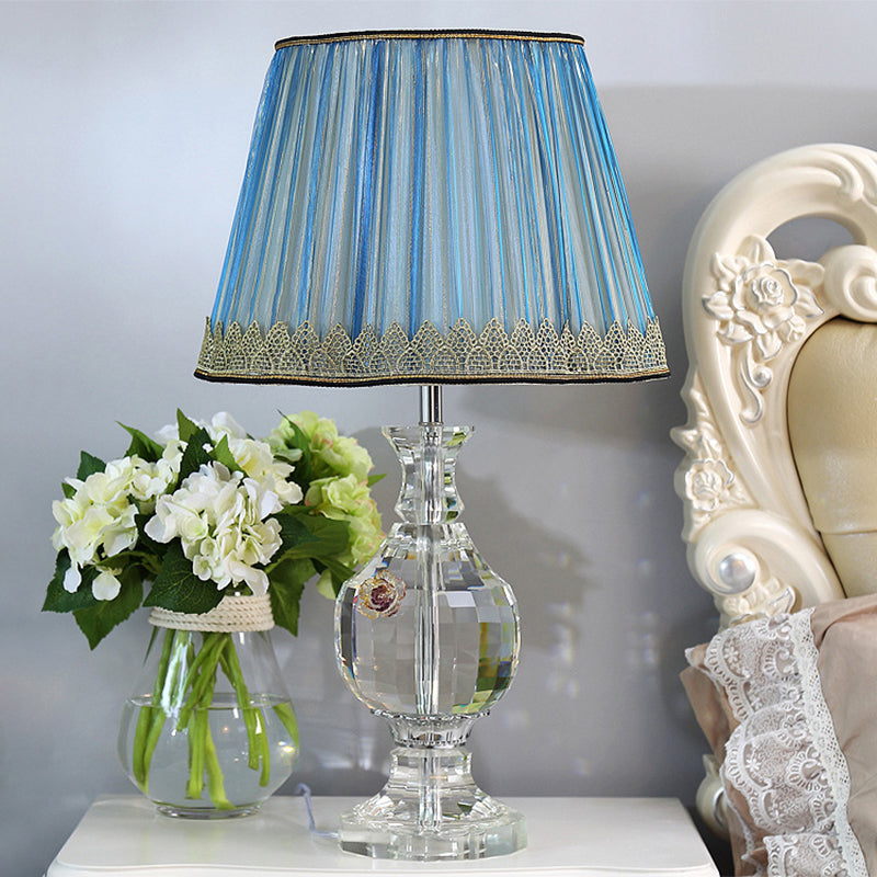 1 Light Night Light Minimalism Pleated Lampshade Fabric Nightstand Lamp in Blue with Crystal Base Clearhalo 'Lamps' 'Table Lamps' Lighting' 325350