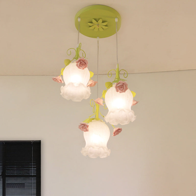 Flower Restaurant Cluster Pendant Light Countryside Opal Glass 3 Heads White/Green Hanging Lamp Clearhalo 'Ceiling Lights' 'Glass shade' 'Glass' 'Pendant Lights' 'Pendants' Lighting' 325582