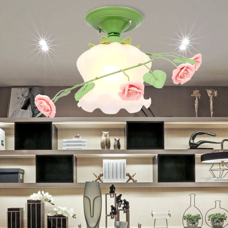 1 Bulb Scalloped Ceiling Flush Mount Traditional White/Green Satin Opal Glass Semi Mount Lighting Green Clearhalo 'Ceiling Lights' 'Close To Ceiling Lights' 'Close to ceiling' 'Glass shade' 'Glass' 'Semi-flushmount' Lighting' 325631