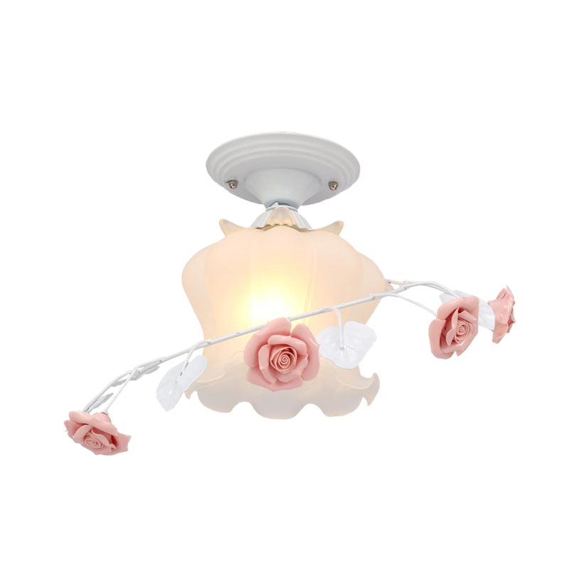 1 Bulb Scalloped Ceiling Flush Mount Traditional White/Green Satin Opal Glass Semi Mount Lighting Clearhalo 'Ceiling Lights' 'Close To Ceiling Lights' 'Close to ceiling' 'Glass shade' 'Glass' 'Semi-flushmount' Lighting' 325638