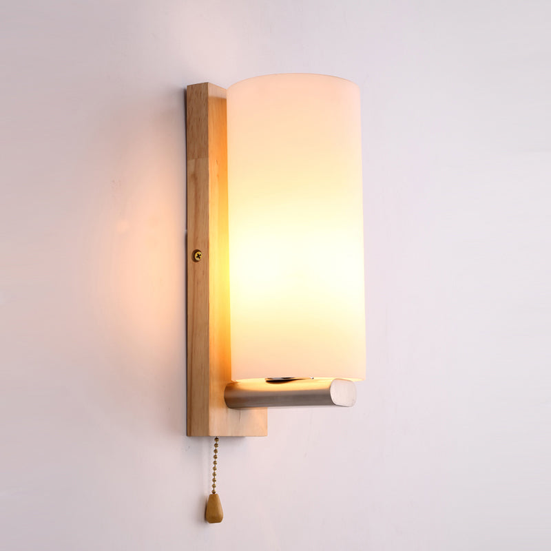 White Glass Cylinder Sconce Light Modern 1 Bulb Wall Mount Lighting with Rectangle Wood Backplate Clearhalo 'Wall Lamps & Sconces' 'Wall Lights' Lighting' 325688