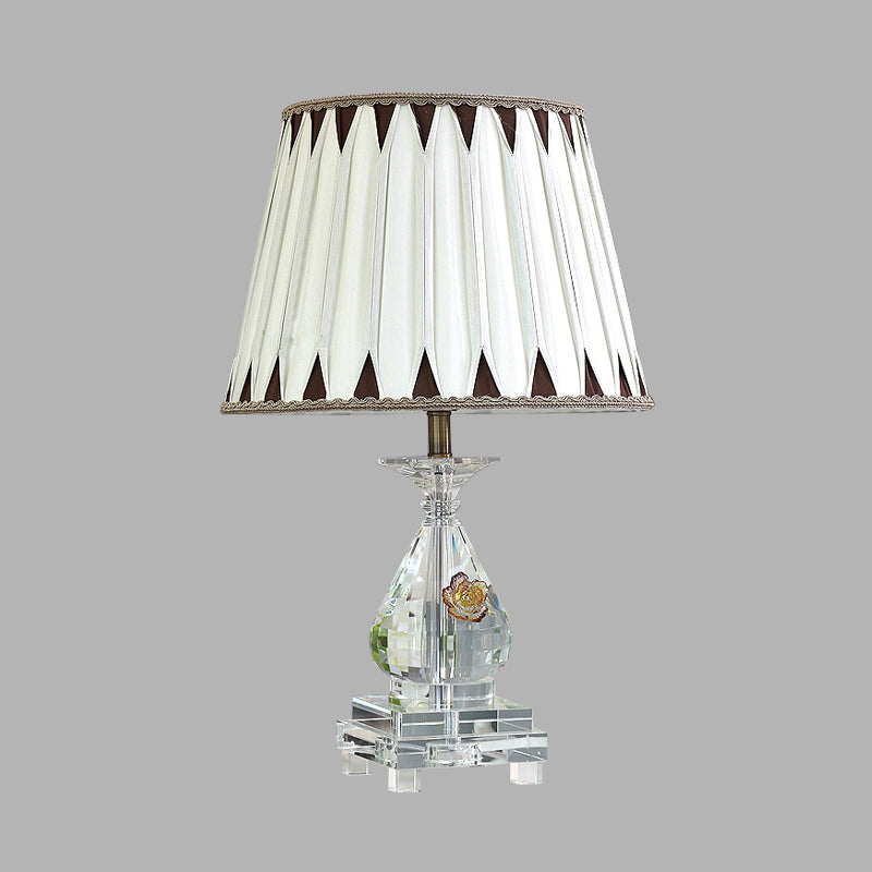 Single Bulb Table Lamp Rural Pleated Shade Fabric Night Light in White with Crystal Base for Bedroom Clearhalo 'Lamps' 'Table Lamps' Lighting' 325872