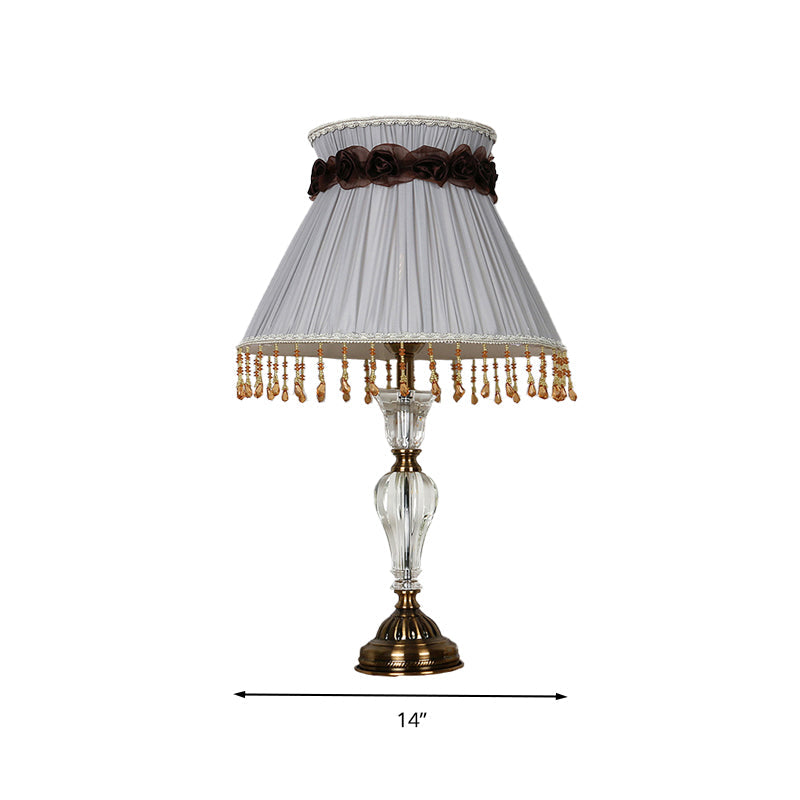 1 Light Fabric Night Lamp Lodge Grey Conical Bedroom Nightstand Light with Crystal Droplet Clearhalo 'Lamps' 'Table Lamps' Lighting' 325878