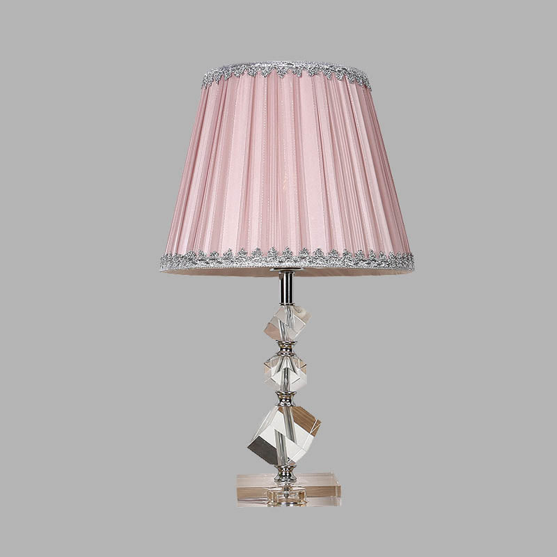 Fabric Conical Table Lamp Countryside 1 Light Bedroom Night Light in Pink with Crystal Base Pink Clearhalo 'Lamps' 'Table Lamps' Lighting' 325937