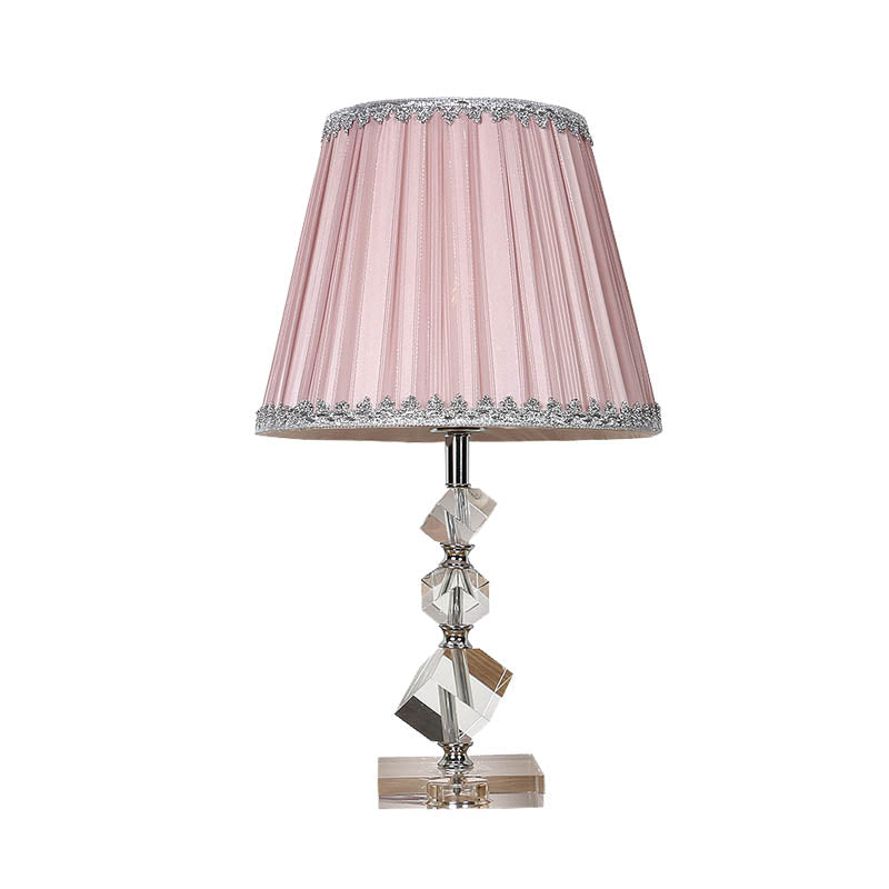 Fabric Conical Table Lamp Countryside 1 Light Bedroom Night Light in Pink with Crystal Base Clearhalo 'Lamps' 'Table Lamps' Lighting' 325940