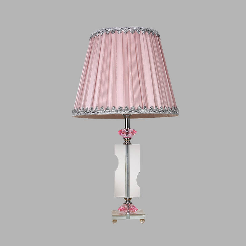 Fabric Pink Night Lamp Tapered Singe Head Rustic Nightstand Light with Crystal Accent Clearhalo 'Lamps' 'Table Lamps' Lighting' 325950