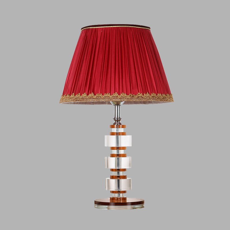 1 Light Fabric Table Lamp Simple Red Tapered Drum Bedroom Nightstand Light with Crystal Accent Clearhalo 'Lamps' 'Table Lamps' Lighting' 326009