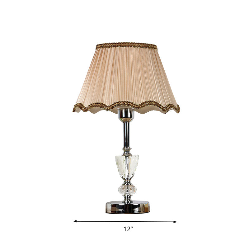 1 Light Scalloped Nightstand Light Countryside Beige Fabric Table Lamp with Crystal Accent Clearhalo 'Lamps' 'Table Lamps' Lighting' 326226