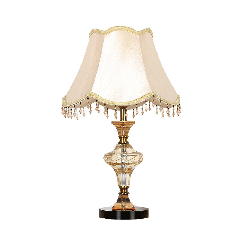 Paneled Bell Fabric Nightstand Lamp Lodge 1 Light Bedroom Night Light in Beige with Crystal Draping Clearhalo 'Lamps' 'Table Lamps' Lighting' 326239