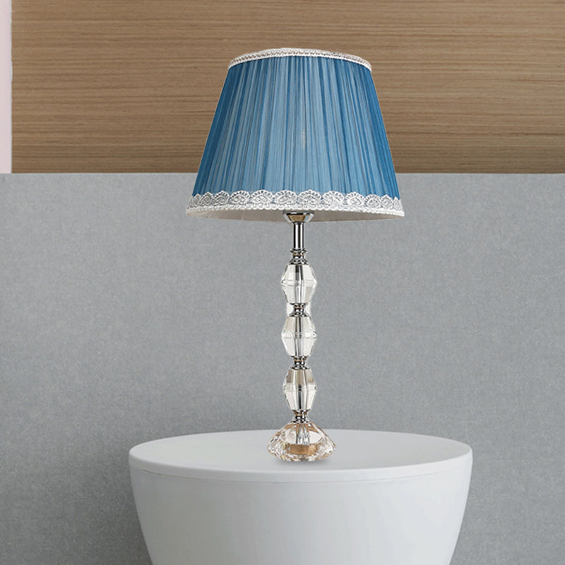 Tapered Bedroom Table Light Traditional Fabric 1 Light Blue Night Lamp with Crystal Ball Deco Clearhalo 'Lamps' 'Table Lamps' Lighting' 326243