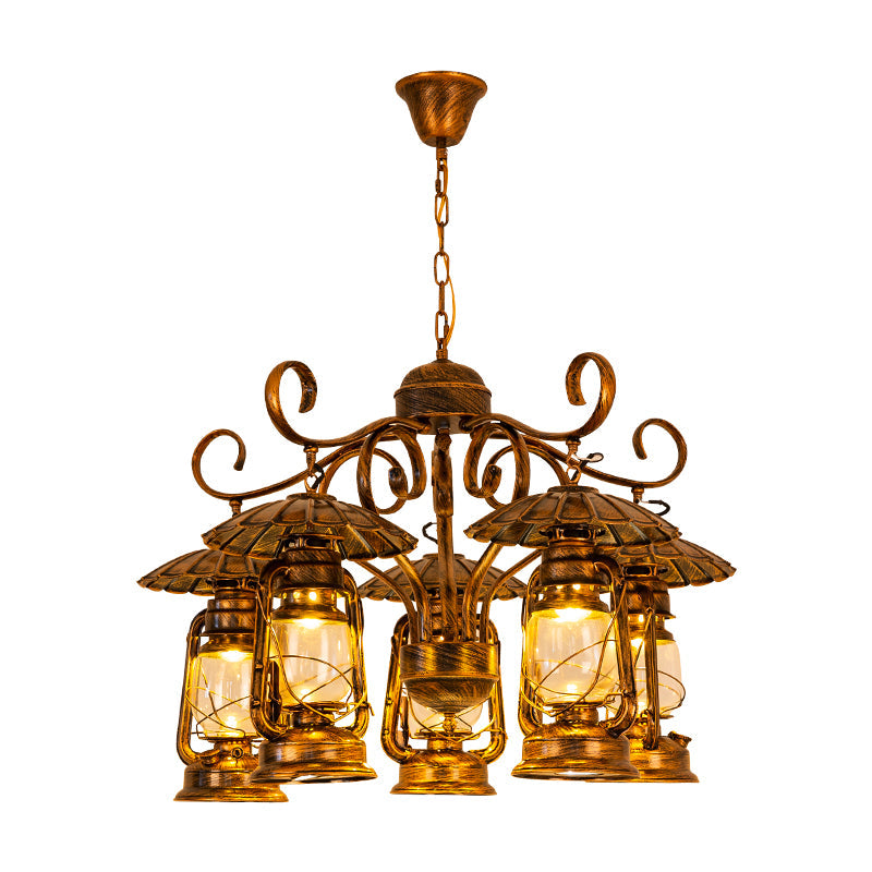 Brass 5 Lights Ceiling Chandelier Pendant Industrial Metallic Kerosene Hanging Ceiling Fixture Clearhalo 'Cast Iron' 'Ceiling Lights' 'Chandeliers' 'Industrial Chandeliers' 'Industrial' 'Metal' 'Middle Century Chandeliers' 'Rustic Chandeliers' 'Tiffany' Lighting' 326679