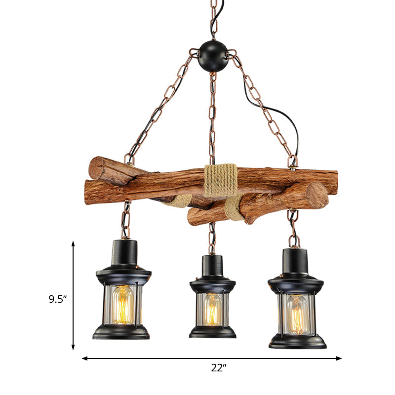 Clear Glass Lantern Chandelier Farmhouse 3 Lights Restaurant Ceiling Light Fixture in Black Clearhalo 'Ceiling Lights' 'Chandeliers' 'Glass shade' 'Glass' 'Industrial Chandeliers' 'Industrial' 'Middle Century Chandeliers' 'Tiffany' Lighting' 326690