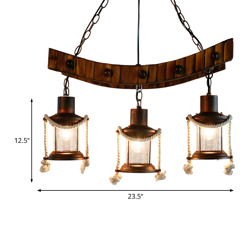 Clear Glass Dark Brown Chandelier Light Lantern 3 Lights Warehouse Hanging Ceiling Fixture for Kitchen Clearhalo 'Ceiling Lights' 'Chandeliers' 'Glass shade' 'Glass' 'Industrial Chandeliers' 'Industrial' 'Middle Century Chandeliers' 'Tiffany' Lighting' 326695